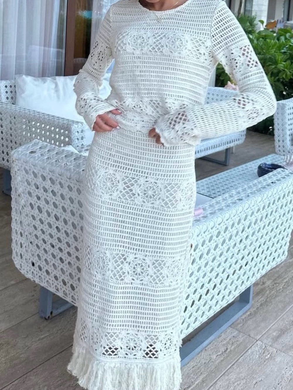 Aqua White Crochet Maxi Skirt and Shirt Set with Fringe Hem